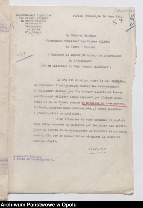 Obraz 9 z jednostki "Materiel du Genie-Outils Couchage et Ameublement-Eclairage-Eau-Materiel de Sport /Korespondencja i zarządzenia w sprawie zaopatrzenia w narzędzia, sypialnie, umeblowanie, oświetlenie.../ 27.01.1920 - 14.08.1921"