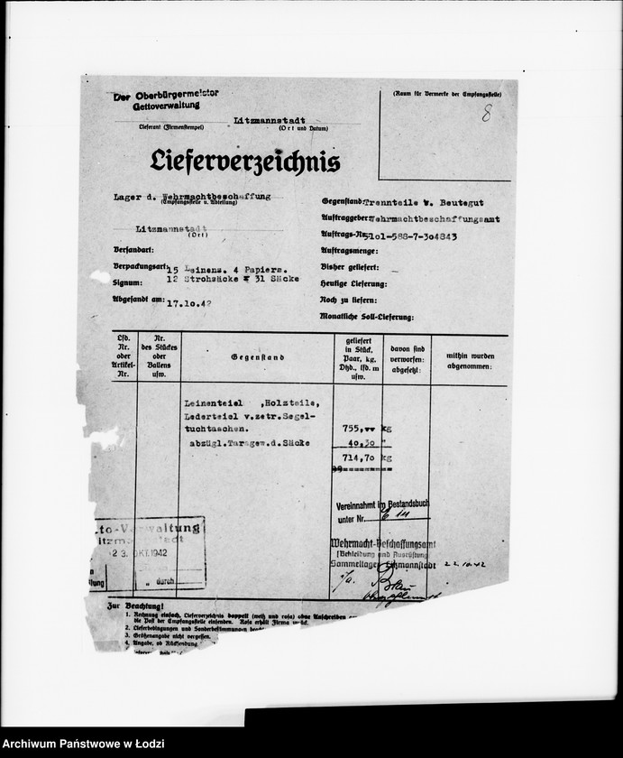 Obraz 11 z jednostki "Judenlieferscheine über ausgelieferte Trennarbeiten"