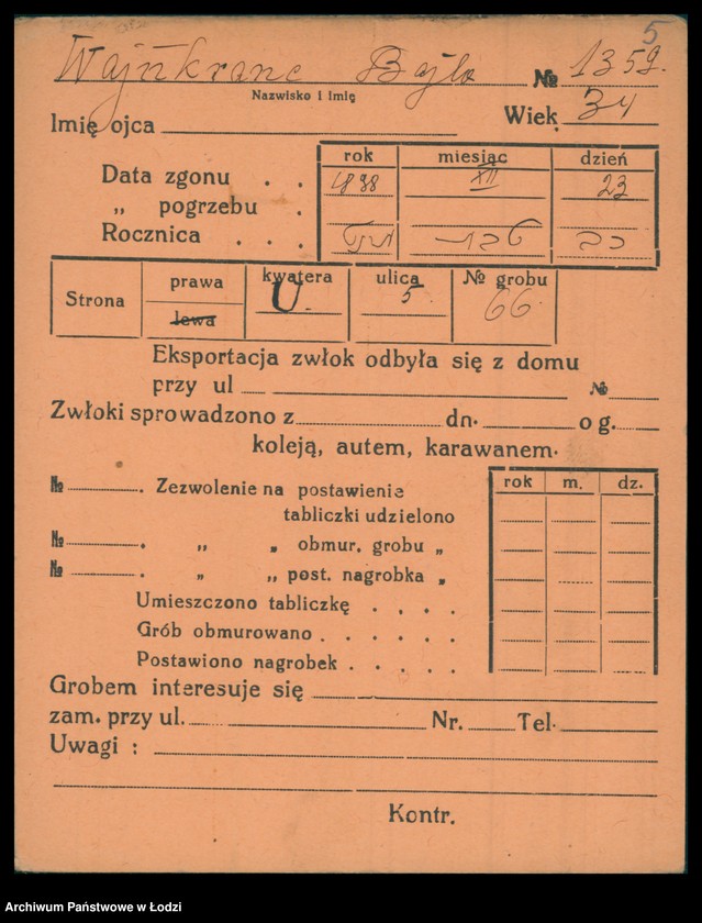 Obraz 6 z jednostki "Kartoteka osób pochowanych na cmentarzu żydowskim przy ulicy Brackiej w latach 1892-1958. Nazwiska na litery: Wajnh-Wajs"