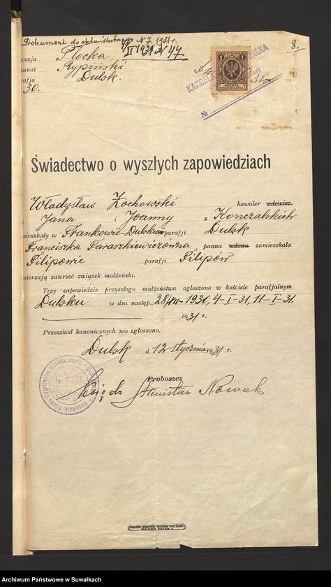 Obraz 10 z jednostki "Dokumenty przedstawione do ślubnych aktów roku 1931 w parafji rzymsko-katolickiej Filipów powiatu suwalskiego."