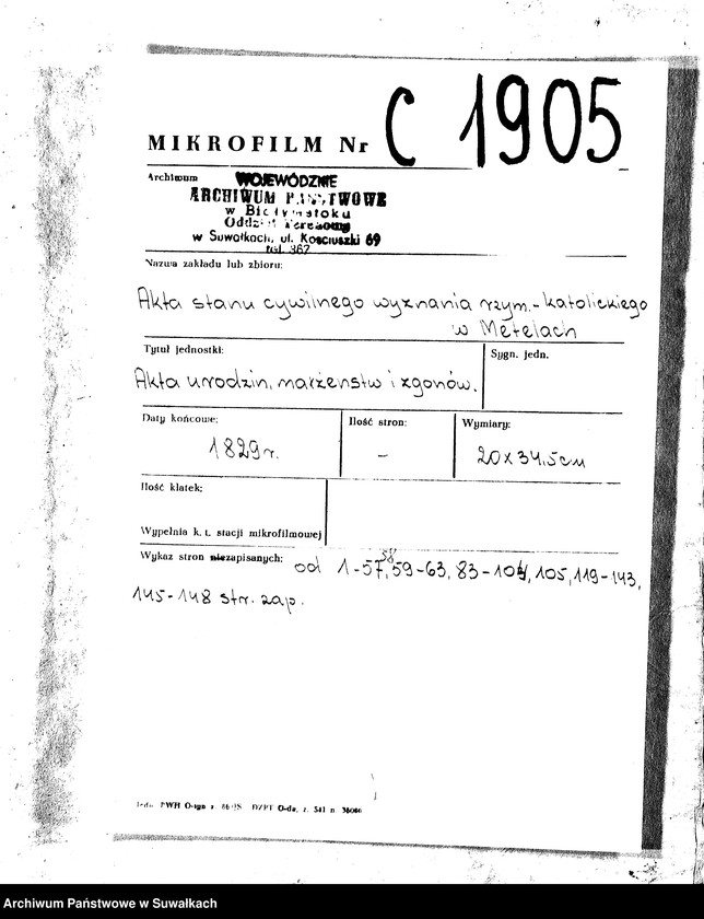 image.from.unit.number "Duplikat Aktów Urzędnika Stanu Cywilnego Katolików Parafii Metelskiey Urodzonych, Zaślubionych y Zmarłych Od 1 Stycznia do 1 Grudnia 1829"