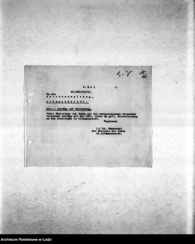 Obraz 19 z jednostki "[Korespondencja PSŻ w sprawie ruchu ludności getta, indywidualnych przesiedleń, przekazywania dzieci do getta itp.]"