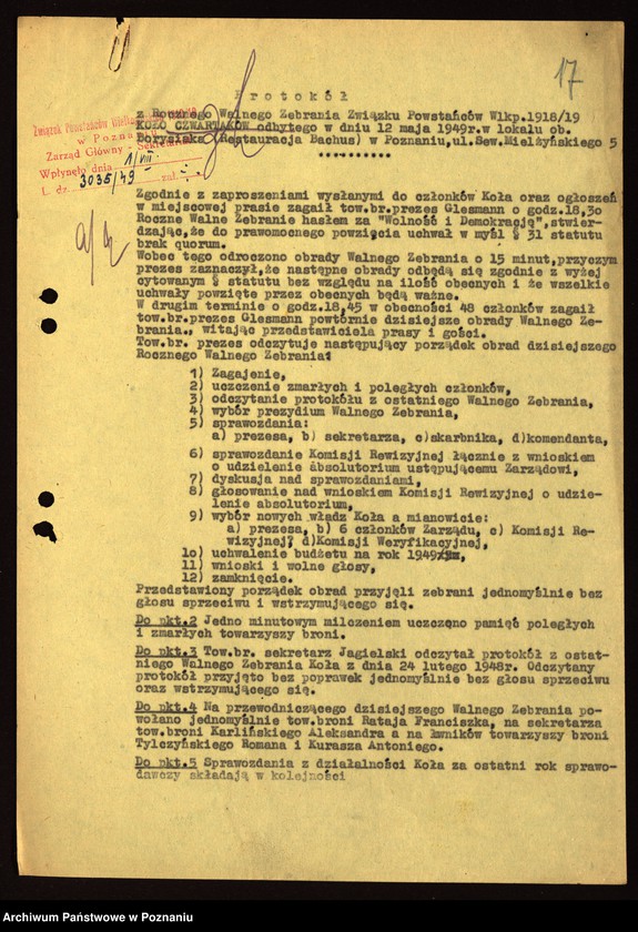 Obraz 20 z jednostki "Współdziałanie Zarządu Głównego Związku Powstańców Wielkopolskich z kołami na terenie miasta Poznania: 1. H.C.P. [1948-1949] 2. Czwartacy [1947-1949] 3. Dziesiątacy [1947-1949] 4. Główna [1946] 5. Górczyn [1946-1949] 6. Jeżyce [1946-1947] 7 Junikowo [1947-1949] 8. Krzyżowniki [1946-1949] 9. 4 Kompania Marynarzy [1948-1949] 10. Im. Fr. Ratajczaka [1947-1948] 11. Śródmieście [1946-1949] 12. Wilda [1947-1949] 13. Dzielnica III Zamek [1947-1949] 14. Żegrze [1947-1949]"