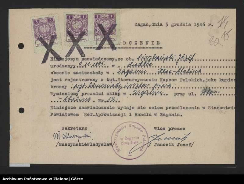 Obraz 18 z jednostki "Rozlewnia i wytwórnia wód gazowanych - J. Liczbański w Żaganiu - zawiadomienia, karta repatriacyjna , zgłoszenie prowadzenia działalności gospodarczej"