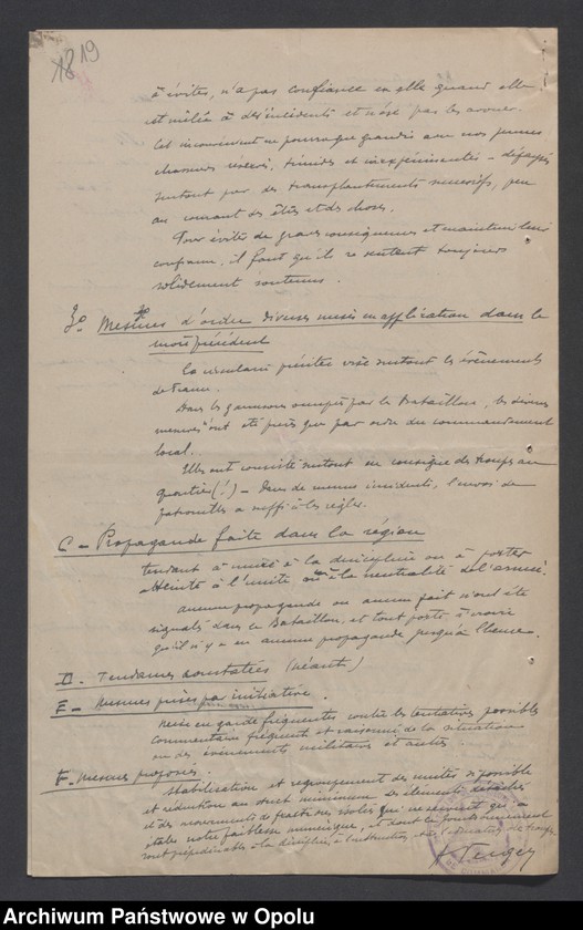 Obraz 18 z jednostki "/Raporty miesięczne oddziałów wojsk francuskich o morale żołnierzy/ V 1920"