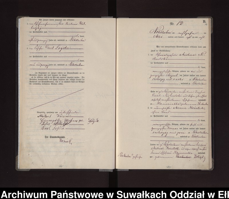 Obraz 16 z jednostki "Heiraths-Haupt-Register des Königlichen Preussischen Standes-Amtes /Stadt/ Nikolaiken Kreis Sensburg für das Jahr 1887 Nikolaiken Kreis Sensburg für das Jahr 1888"