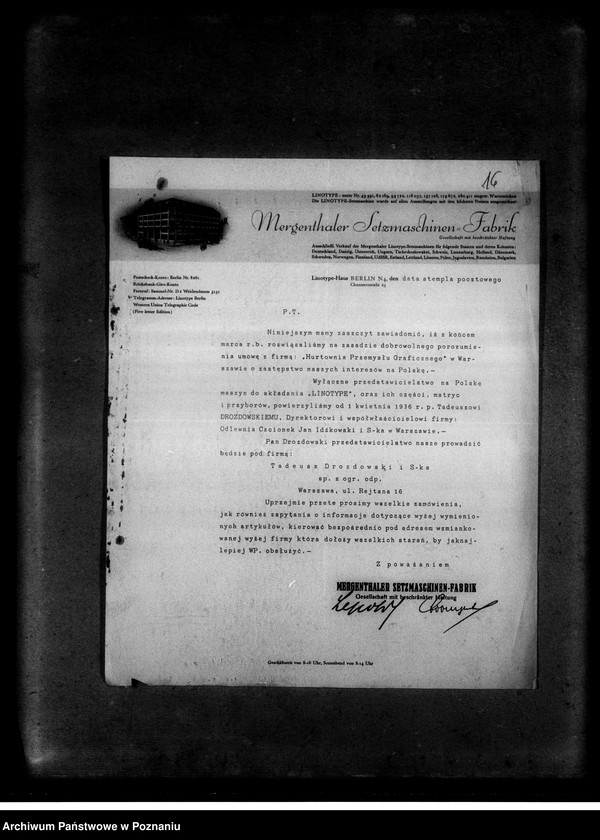 Obraz 20 z jednostki "Korespondencja z firmami: Tadeusz Drozdowski i Spółka z ograniczoną odpowiedzialnością oraz Dom Agentowo-Komisowy Adolf Neuding w sprawi maszyn i części linotypowych"