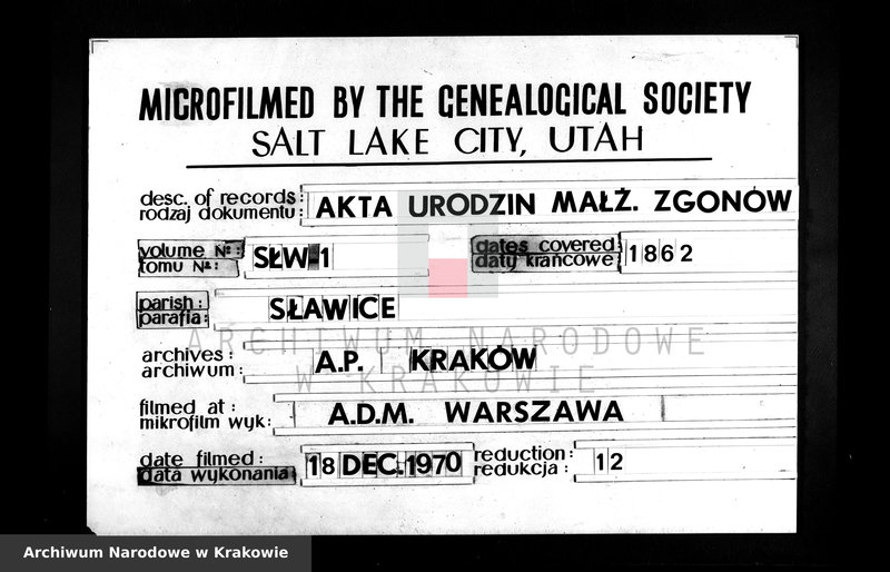 Obraz z zespołu "Akta stanu cywilnego Parafii Rzymskokatolickiej w Sławicach"