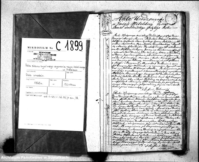 Obraz 2 z jednostki "Księga Aktów Urodzenia Urzędnika Stanu Cywilnego Gminy Metelskiey Pttu Seyneńskiego Wttwa Augustowskiego Od dnia 1- go Stycznia Tysiąc Osimset dwudziestego piątego roku 1825"