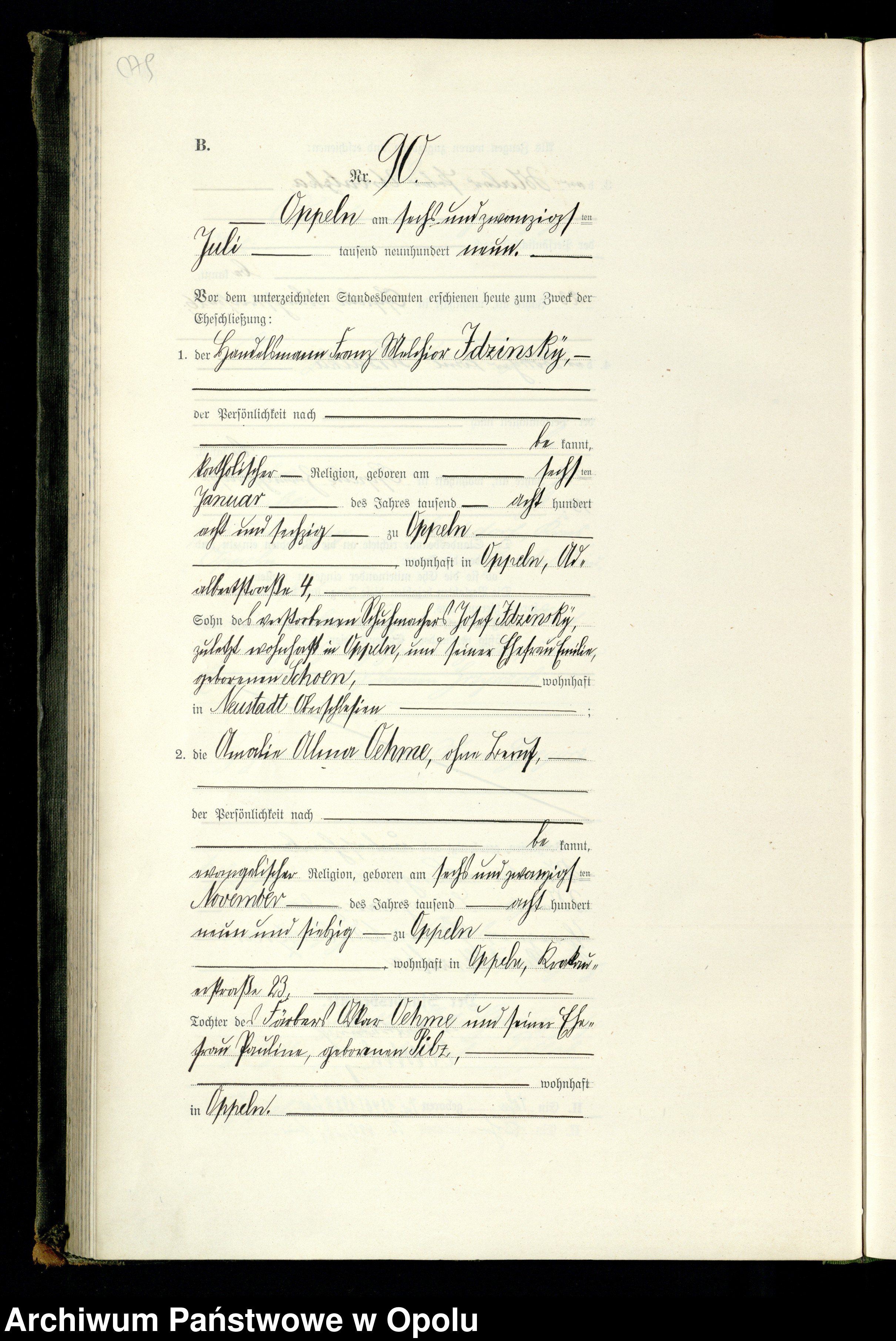 Skan z jednostki: Rejestr Malżeństw pierwopis 1909 [Opole] 1-173