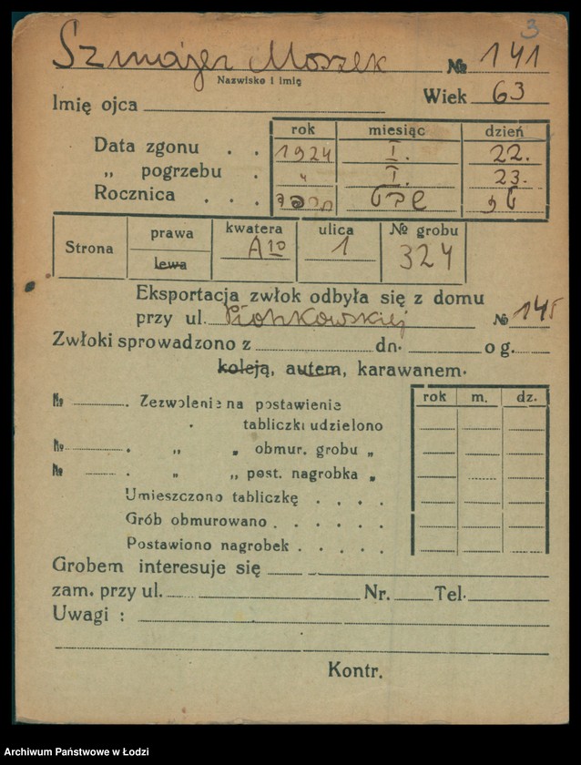 Obraz 4 z jednostki "Kartoteka osób pochowanych na cmentarzu żydowskim przy ulicy Brackiej w latach 1892-1957. Nazwiska na litery: Szn-Szt"