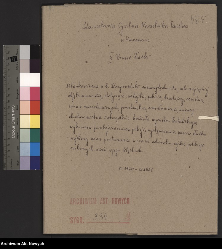 image.from.unit.number "Ułaskawienia z b. Kongresówki - nieuwzględnione, ale najczęściej objęte amnestią, dotyczące zabójstw, pobicia, kradzieży, oszustwa, spraw mieszkaniowych, gorzelnictwa, zniesławienia, zniewagi duchowieństwa i obrządków kościoła rzymsko - katolickiego, wykroczeń funkcjonariusza policji, występowania przeciw służbie wojskowej oraz powtarzania w czasie odwrotu wojska polskiego rzekomych wieści o jego klęskach"