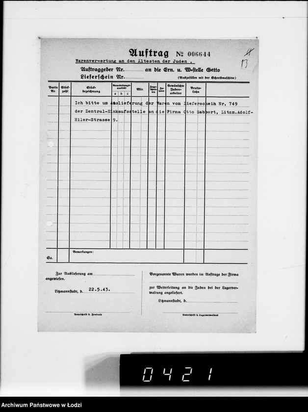 Obraz 17 z jednostki "Firma Otto Sabbert Litzmannstadt IV Warenverwertung an den Juden-Ältesten. Kinderhüte, Mützen"