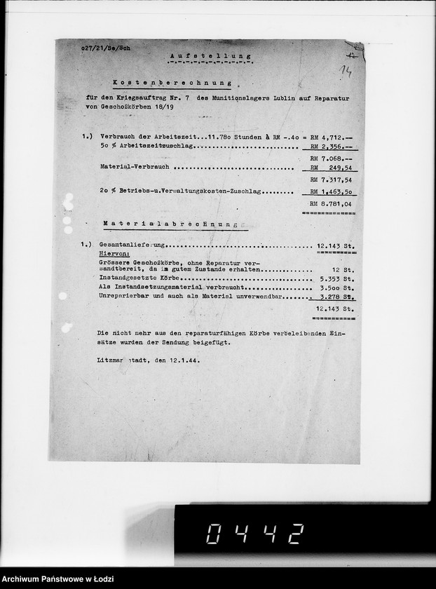 Obraz 20 z jednostki "Auftrag 5934. Warenverwertung an den Judenältesten für Munitionslager Lublin. Geschosskörbe"