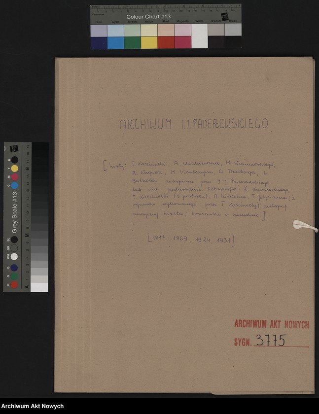 image.from.unit.number "Listy: T. Kościuszki, A. Mickiewicza, H. Wieniawskiego, R. Wagnera, H. Vieuxtemps, S. Thalberga, L. Bartholdi, zakupione przez I. J. Paderewskiego lub mu podarowane. Fotografia Z. Krasińskiego, T. Kościuszki (z portretu). Podobizna Jeffesena, Linealna, autograf Lisiec; L.13, Broszurka o A. Lincolnie; Kawałek drewna z domu A. Lincolna, autograf muzyczny F. Liszta"