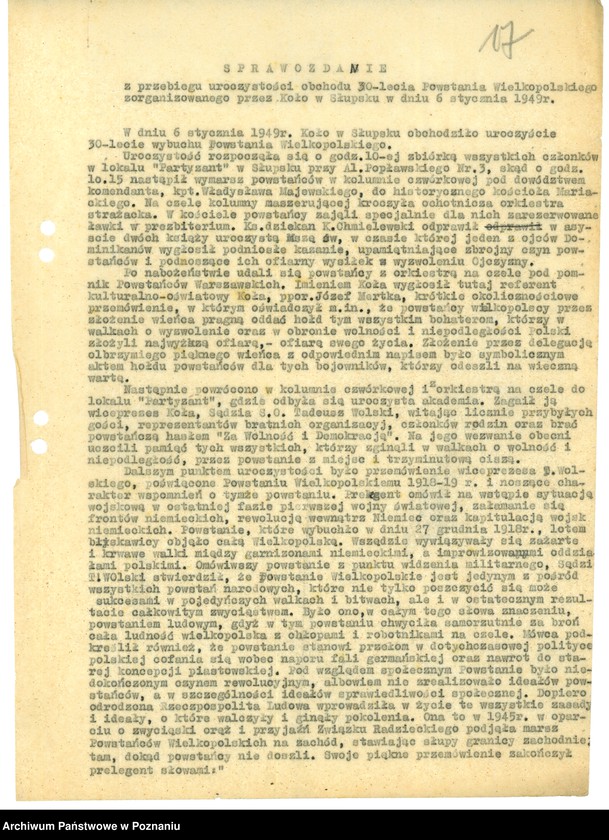 Obraz 20 z jednostki "Współdziałanie Zarządu Głównego Związku Powstańców Wielkopolskich z kołami: 1. Ryczywół [1949] 2. Sieraków [1947-1948] 3. Słupia Kapitulna [1947] 4. Słupsk [1948-1949] 5. Starogard [1947-1948] 6. Stęszew [1947] 7. Sulęcin [1947-1948] 8. Swarzędz [1946-1949] 9. Szamotuły [1947-1949] 10. Szczecin [1946-1949] 11. Śmigiel [1946-1949] 12. Śrem [1947-1949]"