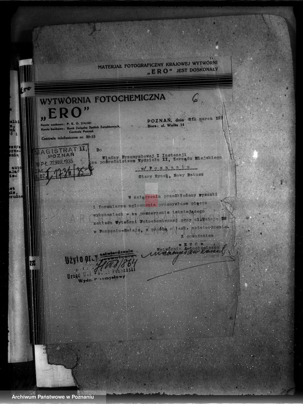 image.from.unit.number "Zatwierdzenie zakładu przemysłowego /wytwórni papirusu i płyt światłoczułych/ własność Kaiser Poznań Rataje"
