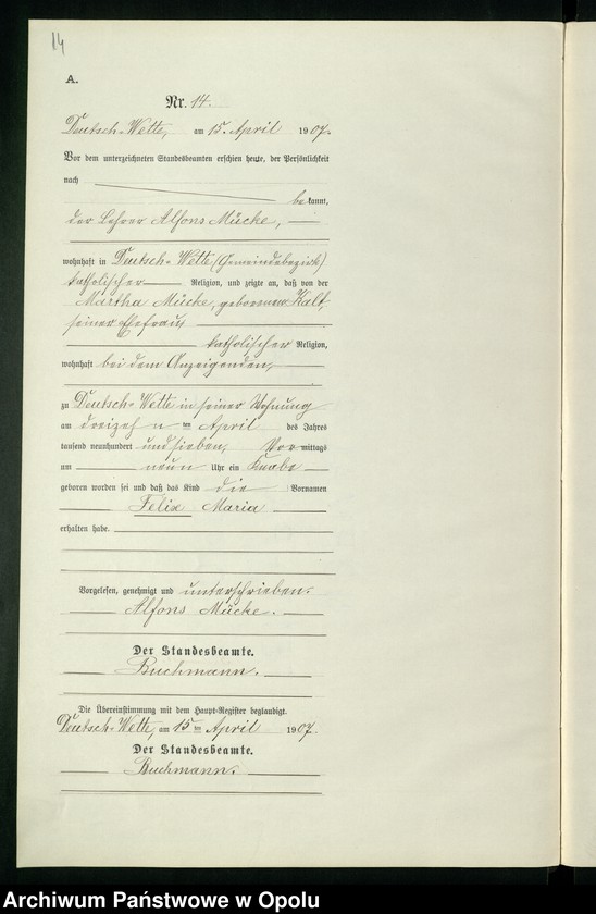 Obraz 18 z jednostki "Geburts-Neben-Register des Standesamts Deutsch Wette pro 1907"