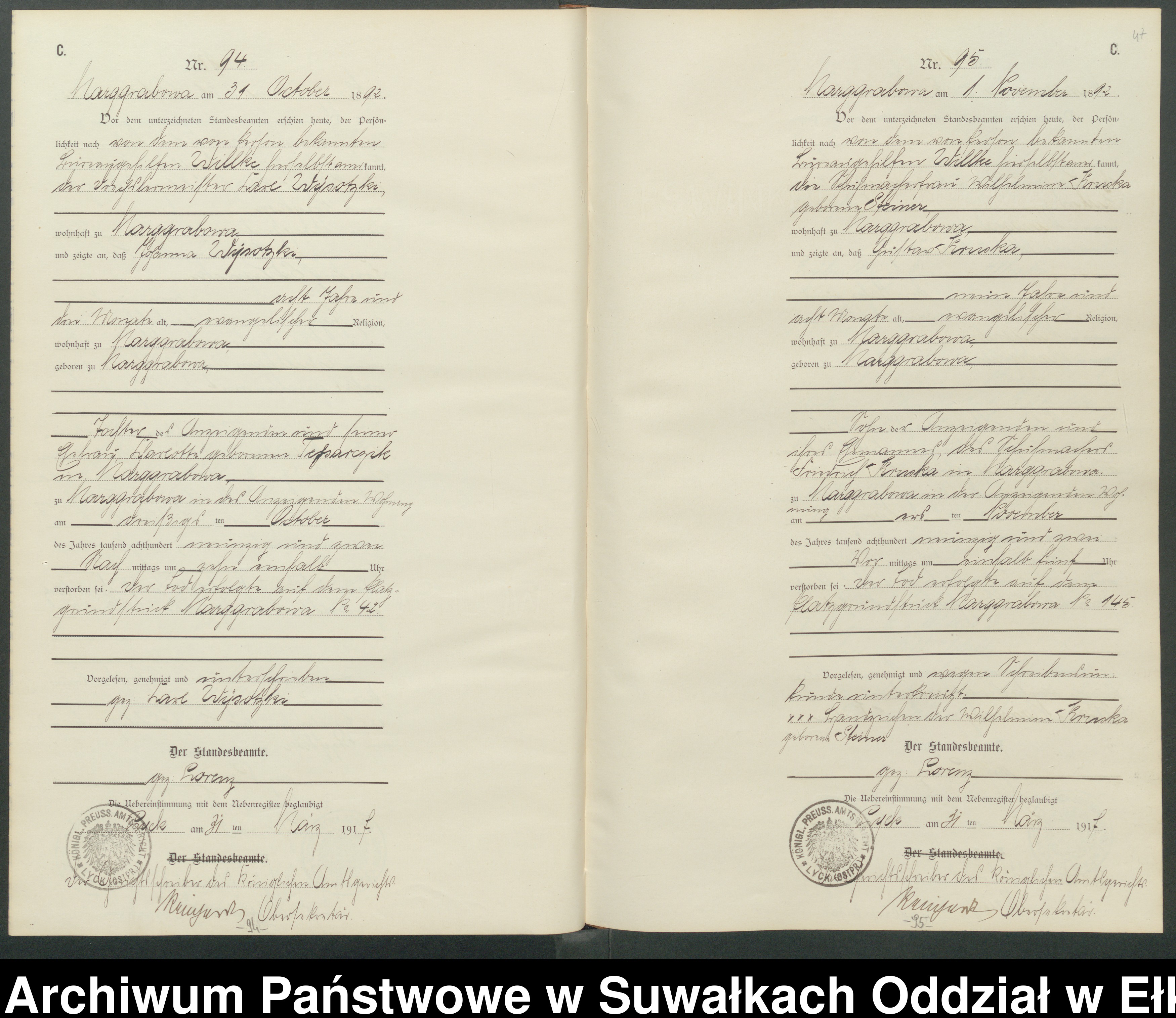 Skan z jednostki: C1.Sterbe-Register [Haupt-Register] Standesamt Stadtgemeinde Marggrabowa Kreis Oletzko No.1 bis.118
