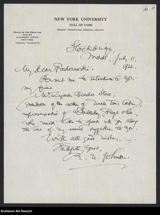image.from.unit.number "Johnson Robert Underwood; Załączniki: a) "American Academy of Arts and Letters" (broszura); b) mowa R. U. Johnsona (maszynopis); c) wiersz "Woodrow Wilson"; d) wycinek prasowy; L.31 (odpowiedzi - rękopisy)"