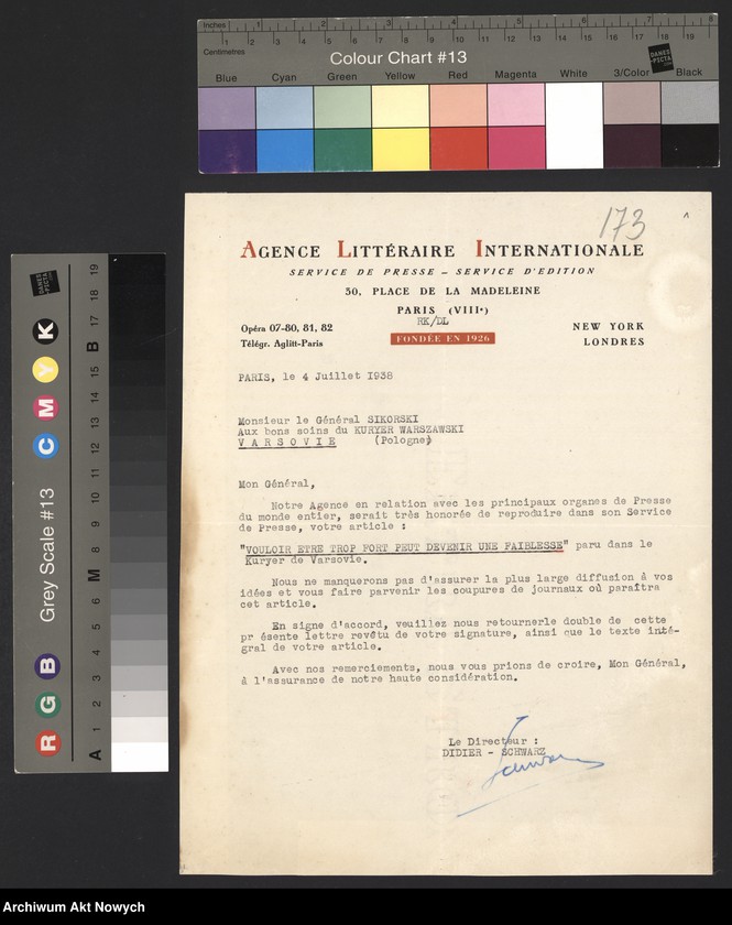 image.from.unit.number "Agence Littéraire Internationale - Paryż.  Przedruk artykułów Władysław Sikorskiego publikowanych w "Kurierze Warszawskim", m.in. o armii niemieckiej. Prośba o przygotowanie artykułu o stosunkach polsko-francuskich."