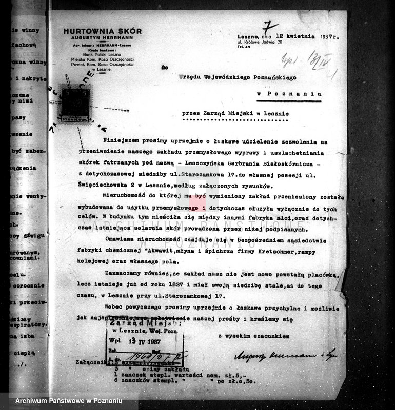 Obraz 11 z jednostki "Zatwierdzenie zakładu przemysłowego firmy Hermann August i Syn w Lesznie /Garbarnia skór/"