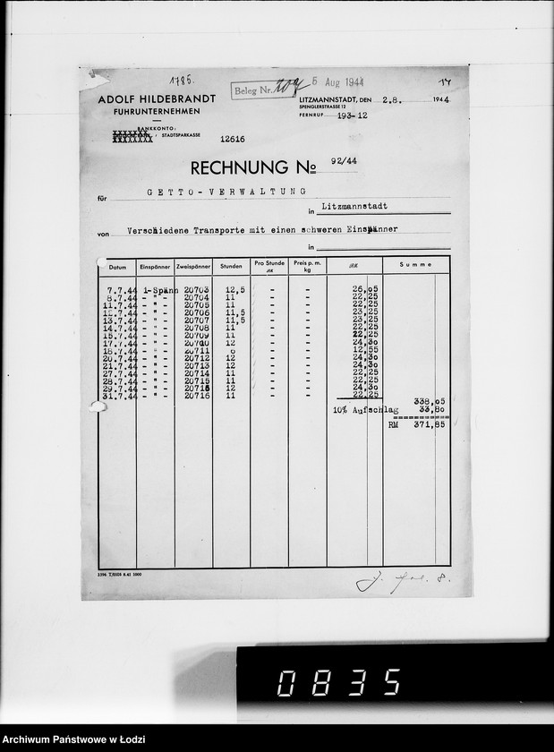 Obraz 18 z jednostki "Adolf Hildebrandt [rachunki za usługi transportowe dla Getta]"