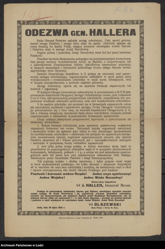 Obraz 1 z jednostki "[Ogłoszenie w sprawie odezwy gen. Józefa Hallera dotyczącej zaciągu ochotniczego]"