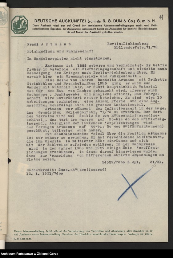image.from.unit.number "[Informacja przemysłowo-handlowa agencji Deutsche Auskunftei z lat 1926-1932 dot. danych przedsiębiorstw korzystających z usług książęcego urzędu Budowlanego w Żaganiu]"