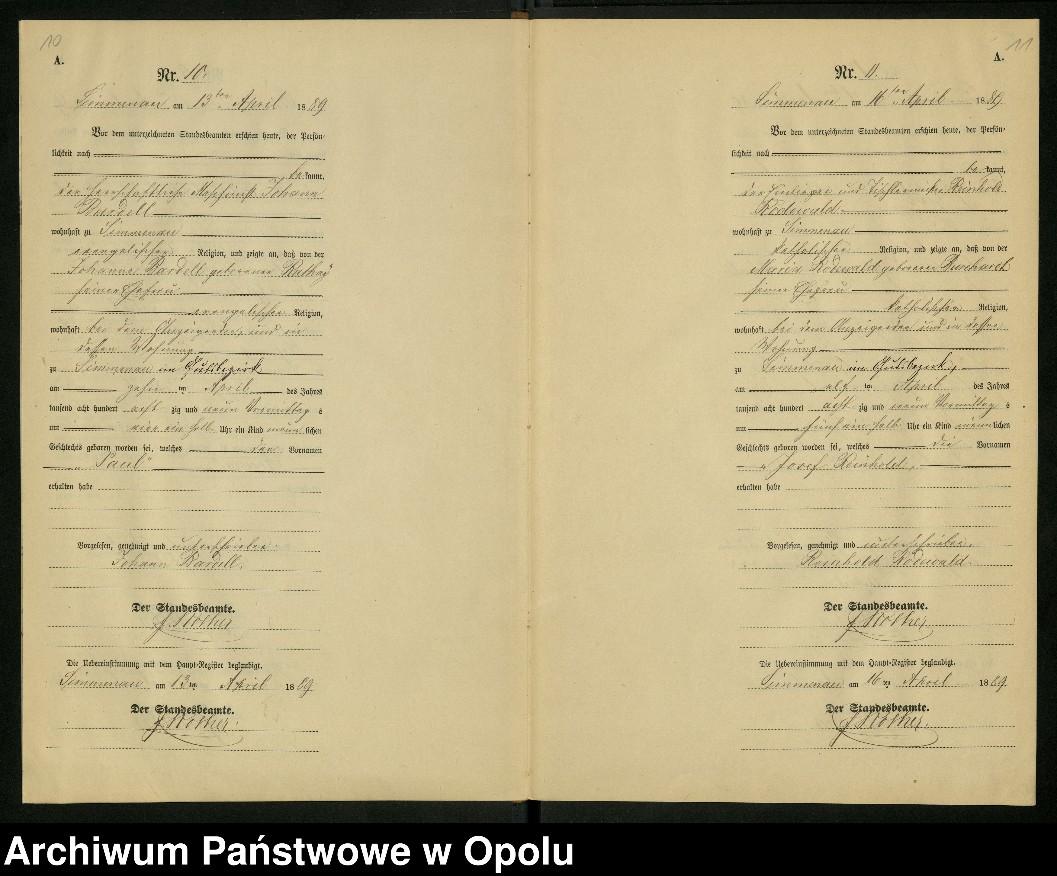 Skan z jednostki: Geburts-Neben-Register Standesamts Simmenau pro 1889