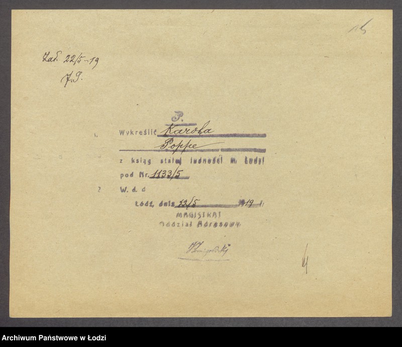 Obraz 17 z jednostki "Dowody metrykalne stałych mieszkańców m. Łodzi nr domu 1133-1133b"