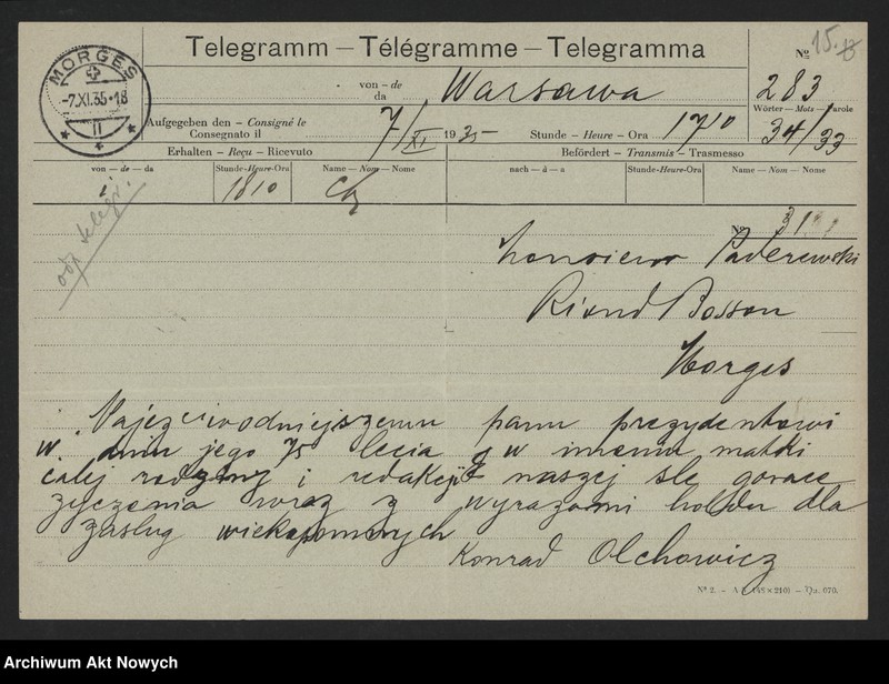 image.from.unit.number "Olchowicz Konrad (redaktor naczelny "Kuriera Warszawskiego"); Załączniki: telegramy do M. Borzęckiego i J. Piątkowskiej - Lübke; L.24 (odpowiedzi - rękopisy, maszynopisy)"