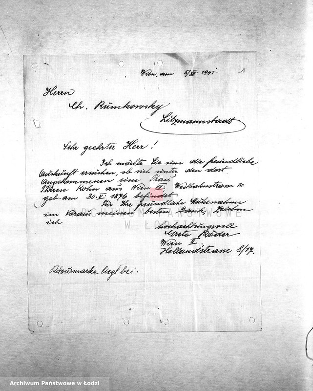 Obraz 3 z jednostki "[Korespondencja z osobami w różnych krajach w sprawie informacji o Żydach zamieszkałych w getcie łódzkim, wsiedlonych z Wiednia]"