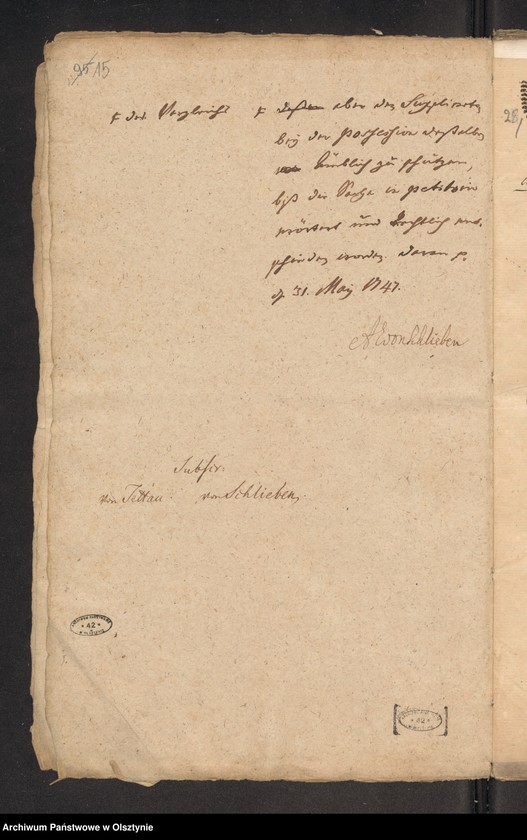 image.from.unit.number "In S. [Sachen] Carl Dieterich von Grothuß contra die verwittibte Tribunals=Vice=Praesidentin von Perbant wegen Umbpfügung und Besäung eines zu Podollen und Schalwen [Schallwen] gehörigen Stück Akers Garbnicken genannt"