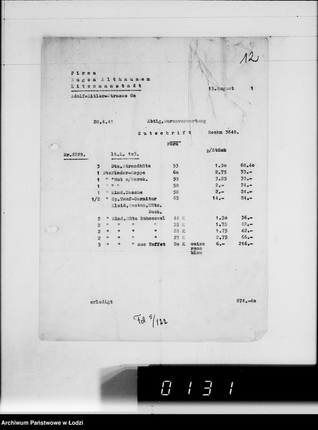 Obraz 16 z jednostki "Ausgehende Rechnungen [za dostawy towarów dla Getta]"