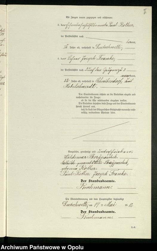 Obraz 11 z jednostki "Heirats-Register (Neben-Register) Standesamt Deutschwette 1912"