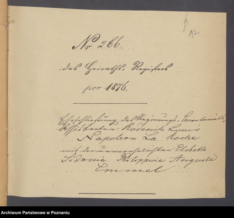 Obraz 14 z jednostki "Die von den Verlobten beigebrachten Urkunden zur Eheschliessung pro 1876"