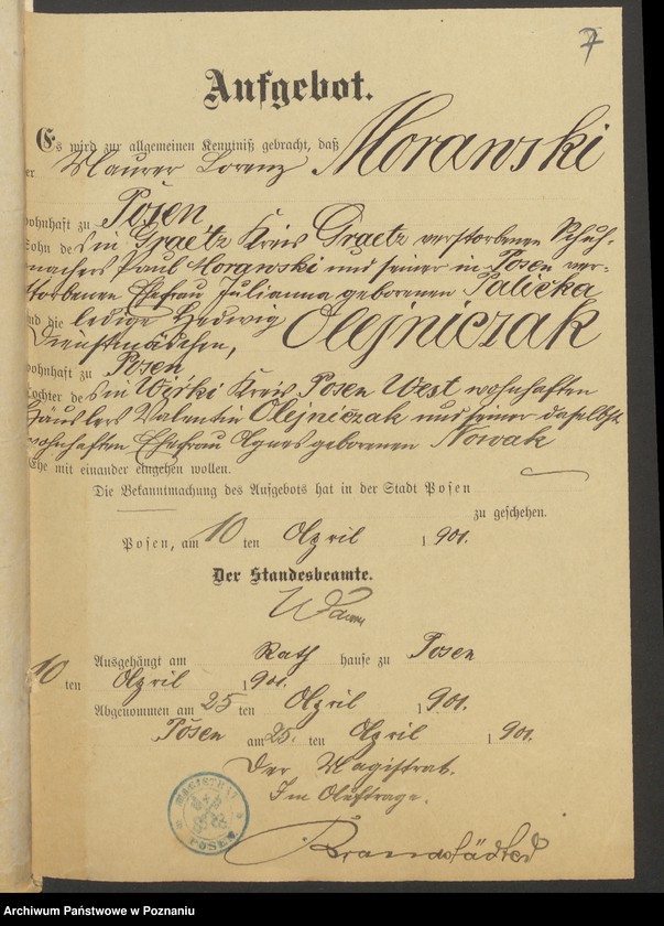 Obraz 9 z jednostki "Die von den Verlobten beigebrachten Urkunden zur Eheschliessung pro 1901. Vol VI"