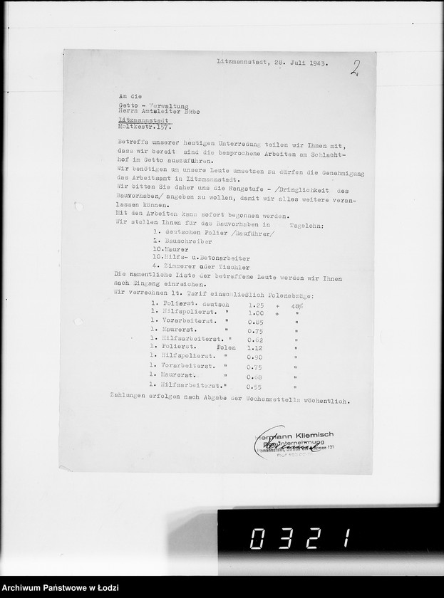 Obraz 6 z jednostki "Fa.Kliemisch.Werkhalle & Baluter-Schlahthof [rachunki za dostawy towarów dla Getta]"