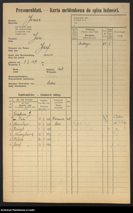 Obraz 12 z jednostki "[Spis ludności Łodzi] Janic - Janiszczak"