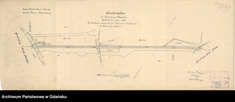 image.from.unit.number "Eisenbahn Direktions Bezirk Danzig. Strecke: Thorn - Marienburg. Streckenplan der Gemarkung Wossarken. Zustand vom Juni 1908. Die Gradiente wird nach dem Präzisions - Niwelkment noch Änderungen erfahren"