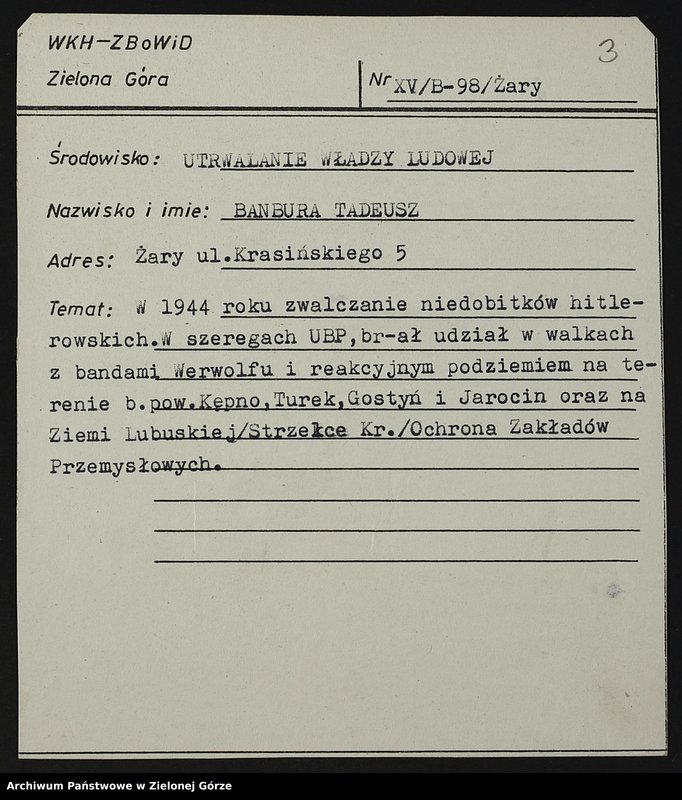 image.from.unit.number "Kartoteka członków ZBoWiD dotycząca relacji kombatantów z działalności pionierskiej na ziemiach zachodnich - XV"