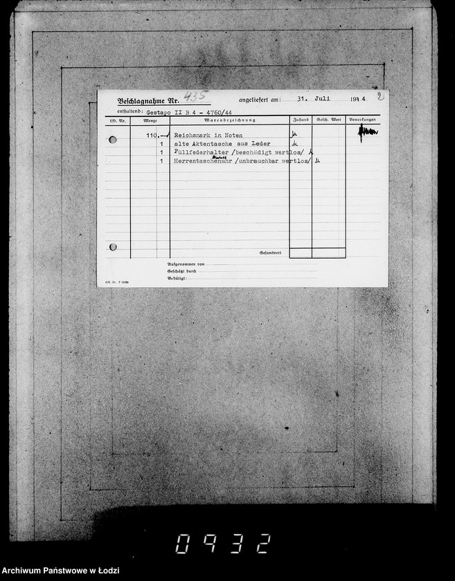 Obraz 6 z jednostki "Gestapo Kulmhof Leslau 400-436 [Kartoteka skonfiskowanego majątku ruchomego u Żydów]"