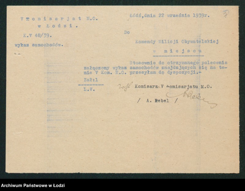 Obraz 10 z jednostki "[Akta V-go Komisariatu Milicji Obywatelskiej - pokwitowania i spisy oddanej broni, spisy wolnych lokali, rowerów i motocykli]"