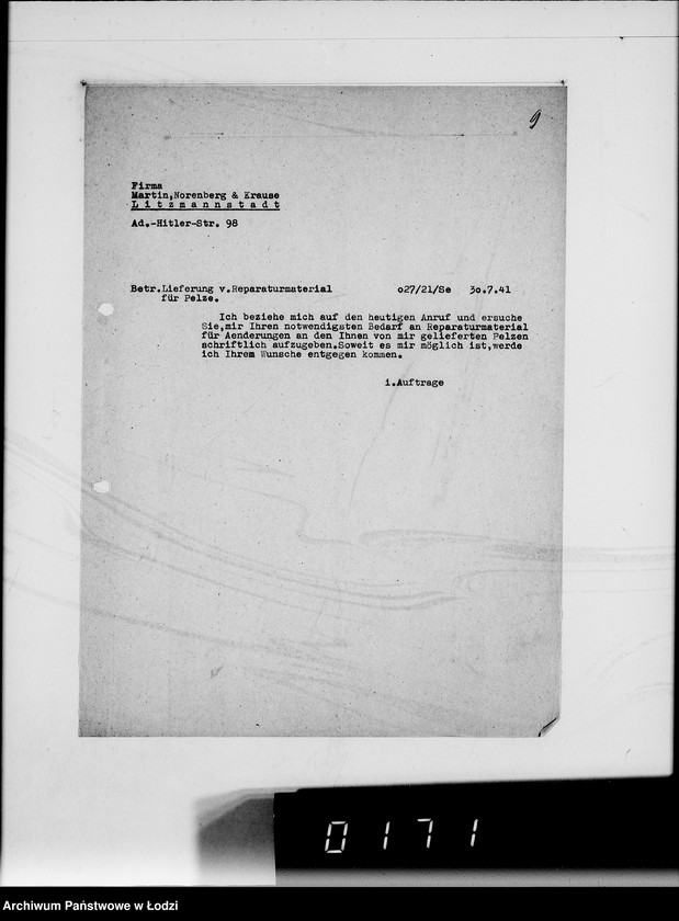 Obraz 13 z jednostki "Pelzabteilung. Warenverwertung an firma Martin Norenberg u.Krause Litzmannstadt"