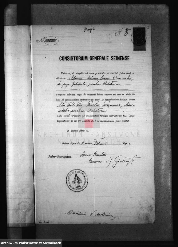 Obraz 6 z jednostki "Dokumenty k aktom o brakosočetaršichsja po prichodu Bakalažewo v 1904 godu"