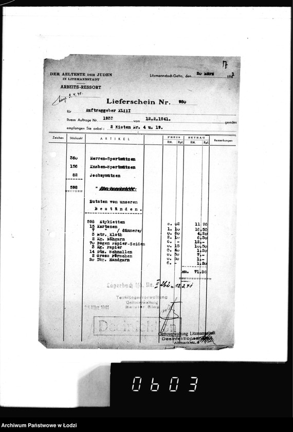 Obraz 11 z jednostki "[Dowody dostawy ubrań i czapek dla fimy] Sachsendahl Ostrowo"