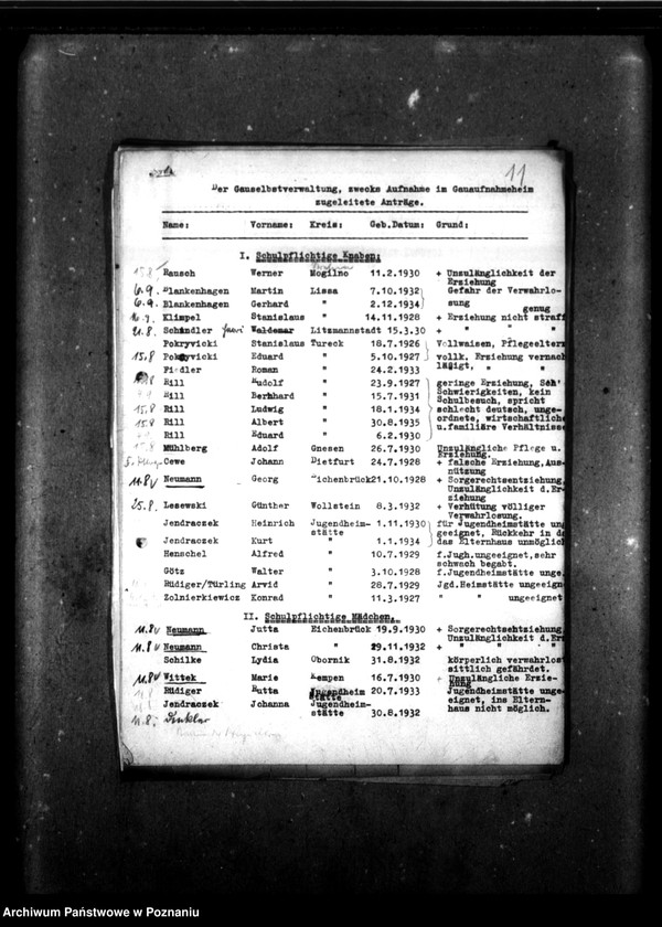 Obraz 17 z jednostki "Monatliche Zu- und Abgänge [Miesięczne zestawienia przybyłych i zwolnionych dzieci]."