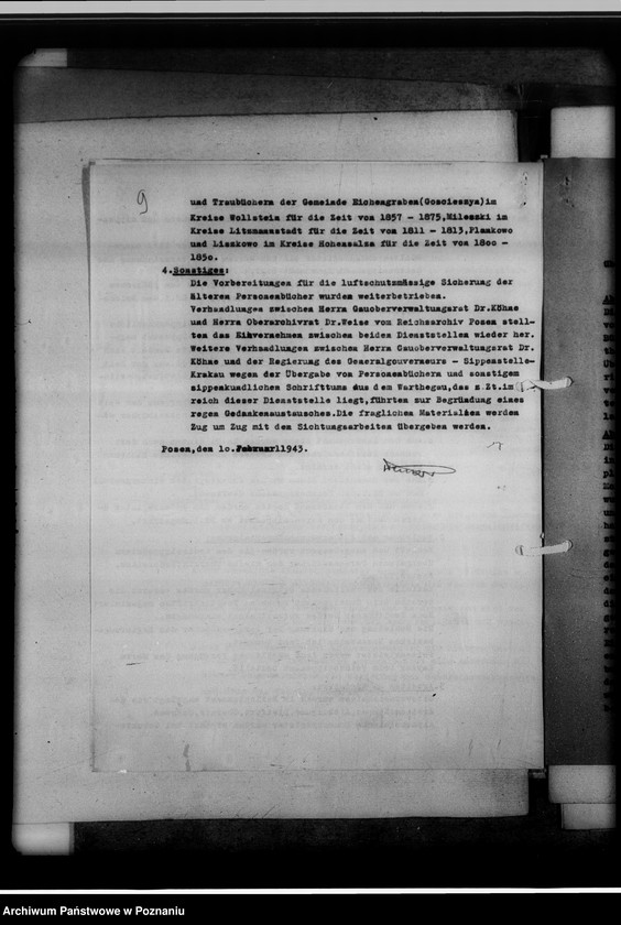 Obraz 13 z jednostki "[Sprawozdanie z podróży służbowej pracowników Gausippenamt w Poznaniu dotyczące zajętych ksiąg kościelnych, archiwów kościelnych oraz działalności powiatowych urzędów do spraw genealogicznych i Urzędu do Spraw Genealogicznych w Poznaniu]"