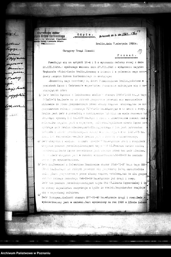 Obraz 18 z jednostki "Majątek Bralin powiatu kępińskiego wyłączenie z art. 4 i 5 ustawy o przeprowadzeniu reformy rolnej Gustaw Biron von Curland"